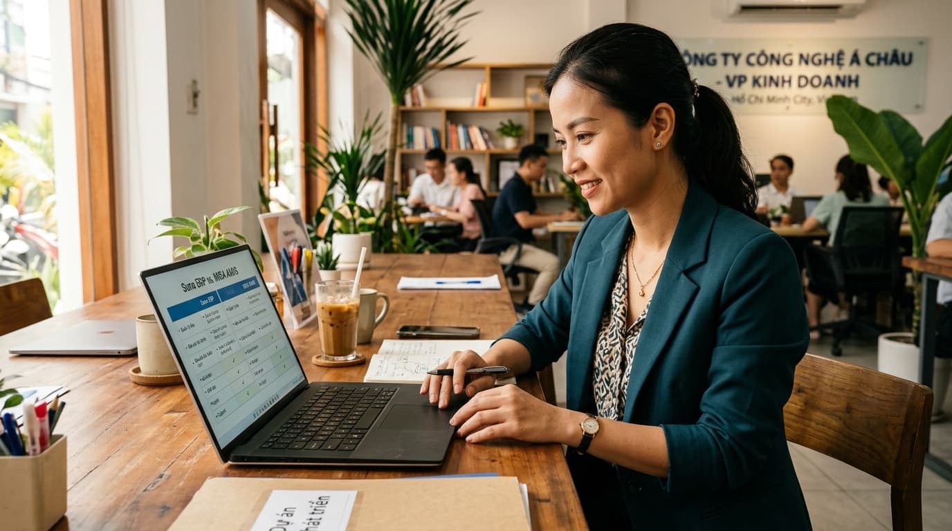 Ảnh minh họa: chủ cửa hàng so sánh các phần mềm bán hàng trên laptop