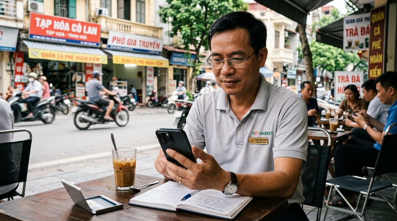 Ảnh minh họa: chủ cửa hàng xem báo cáo doanh thu trên điện thoại