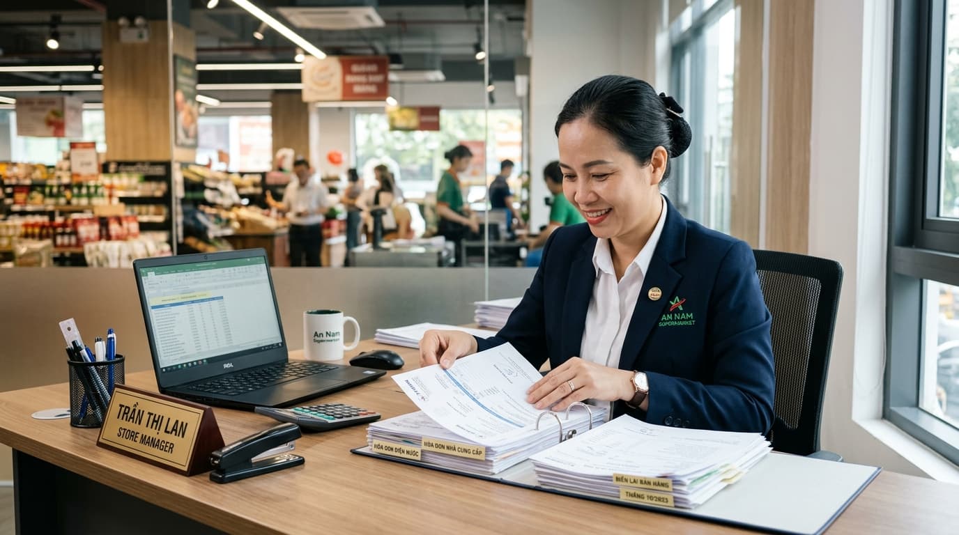 Ảnh minh họa: tập hóa đơn, phiếu chi và máy tính tiền trên bàn