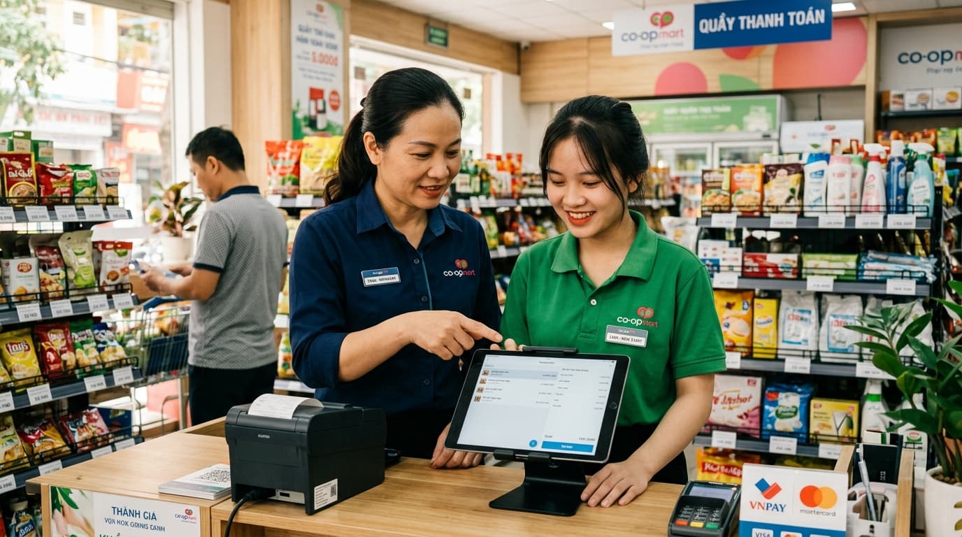 Ảnh minh họa: quản lý hướng dẫn nhân viên mới thao tác trên máy bán hàng