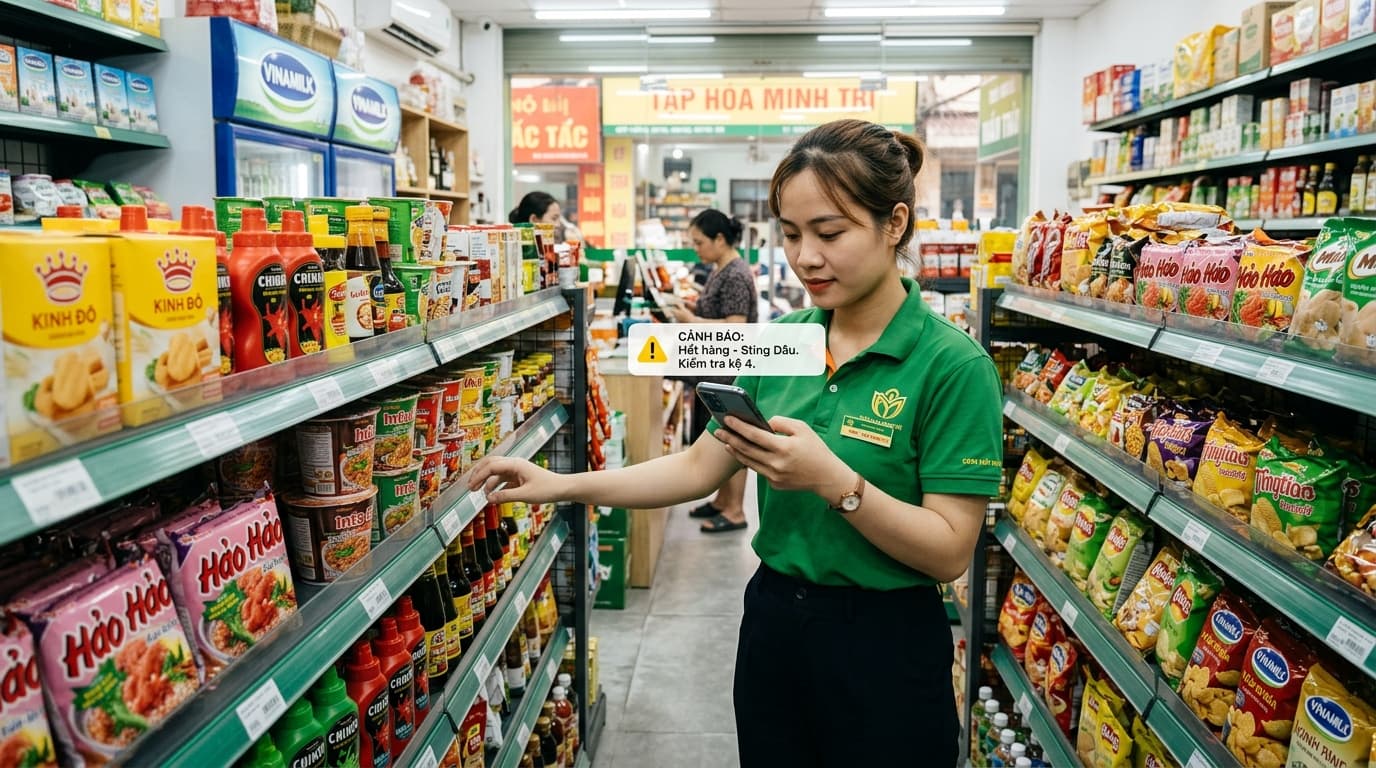 Ảnh minh họa: kệ hàng gần hết và cảnh báo sắp hết hàng trên phần mềm