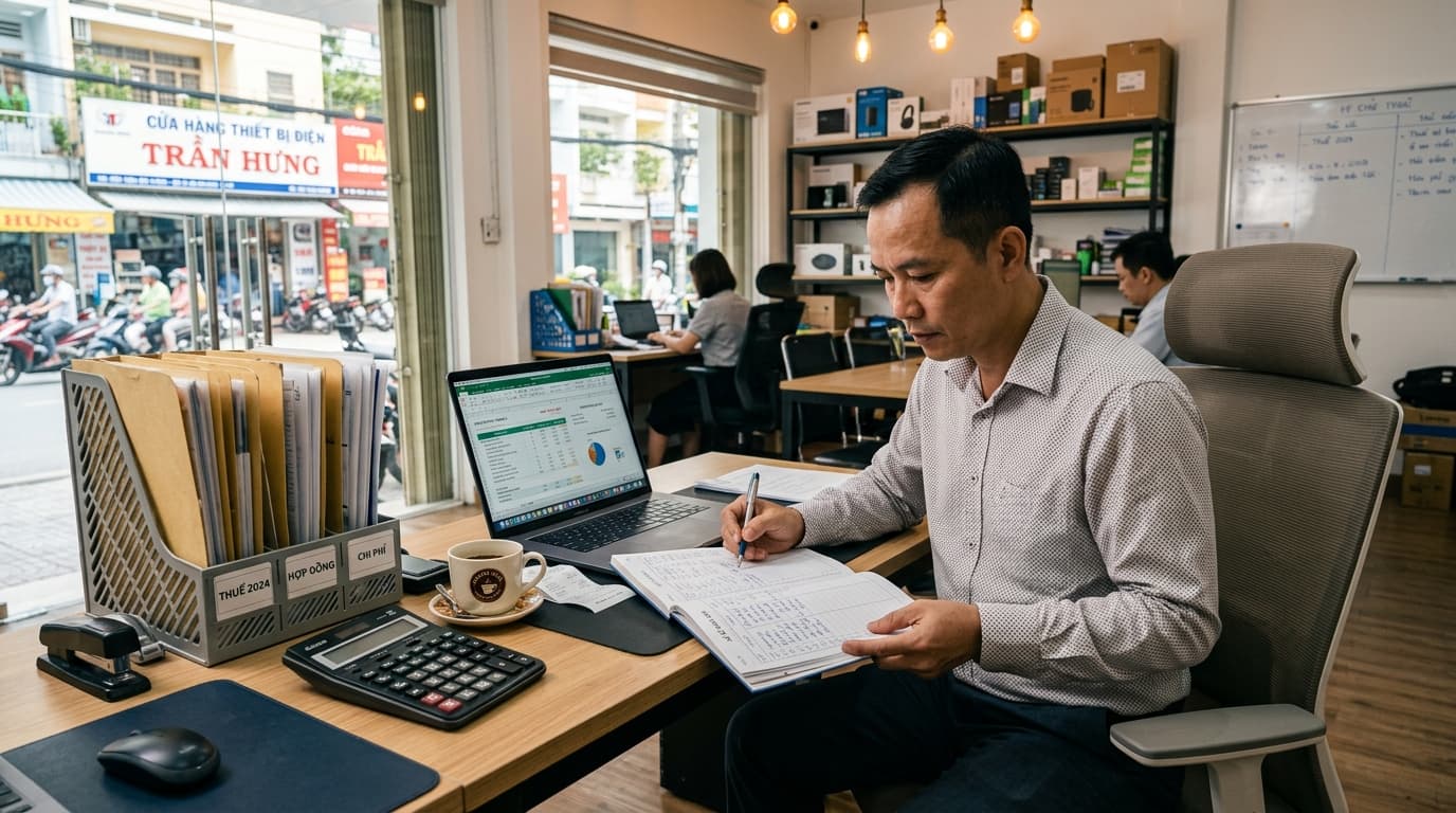 Ảnh minh họa: chủ cửa hàng ngồi soát sổ sách bán hàng