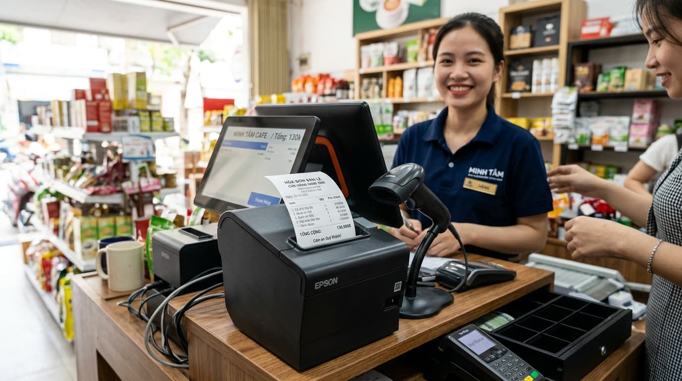 Ảnh minh họa: máy tính tiền in hóa đơn cho khách tại quầy