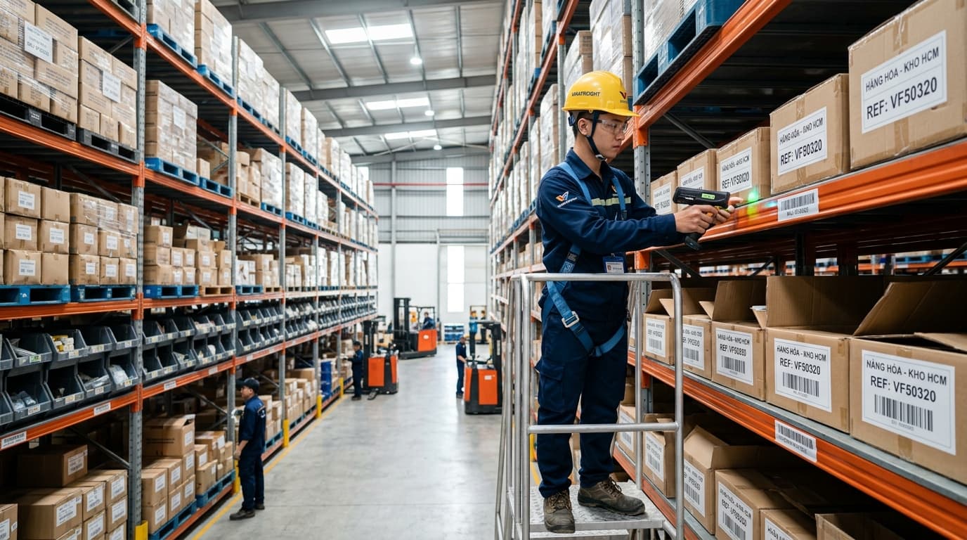 Ảnh minh họa: nhân viên dùng máy quét kiểm kê hàng trên kệ kho