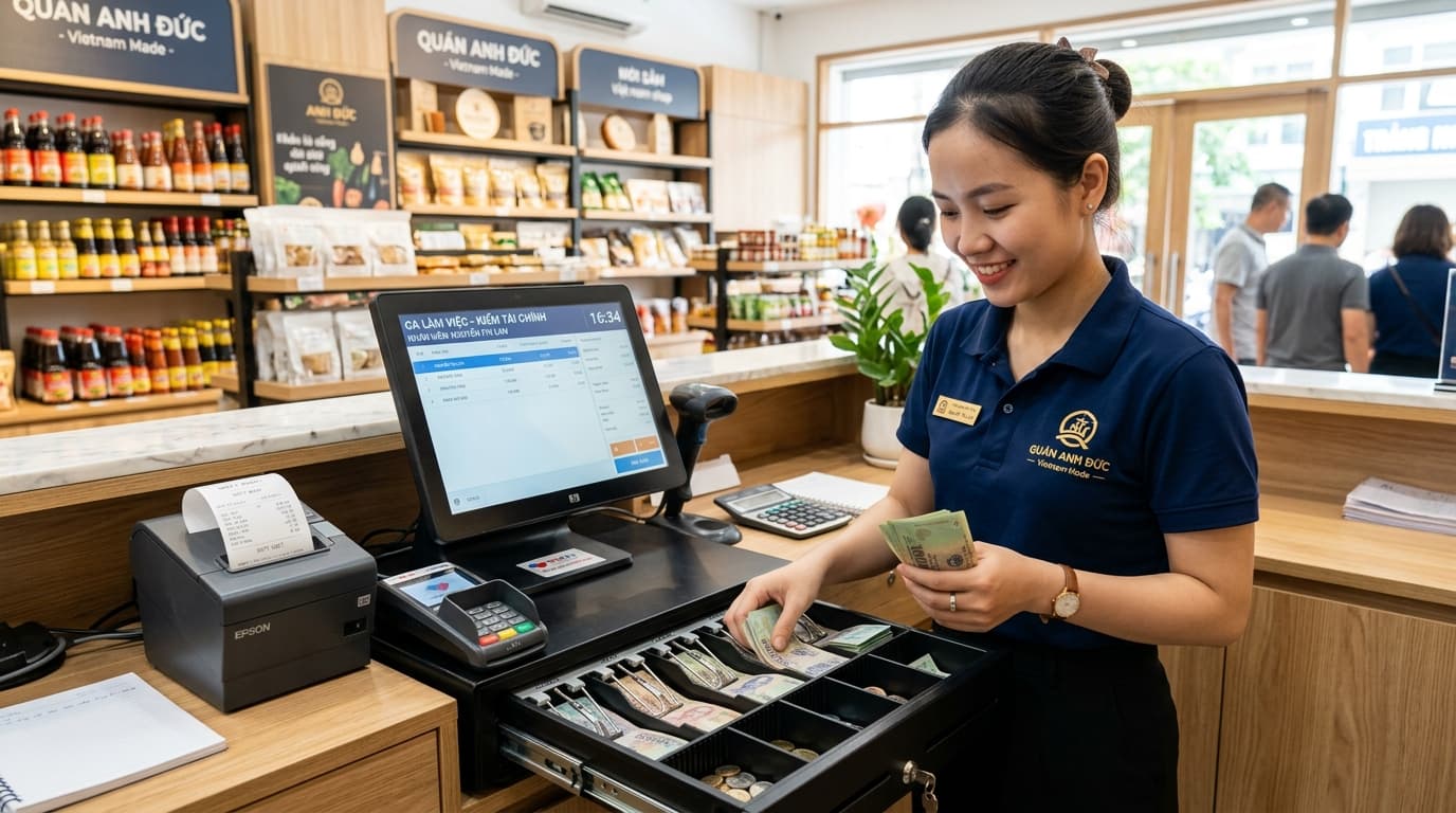 Ảnh minh họa: quầy thu ngân với ngăn kéo tiền và máy bán hàng