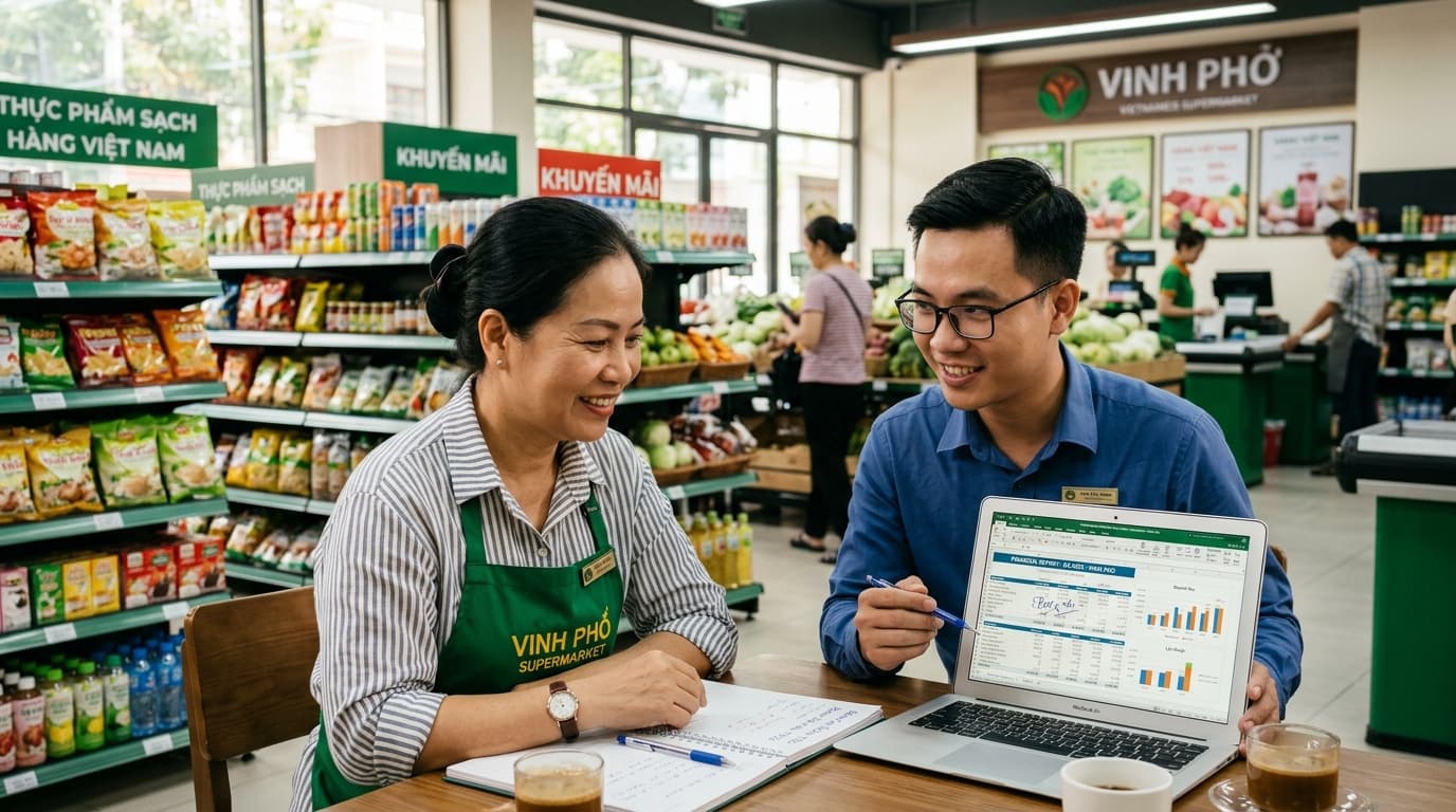 Ảnh minh họa: chủ quán và nhân viên xem số liệu bán hàng trên máy tính