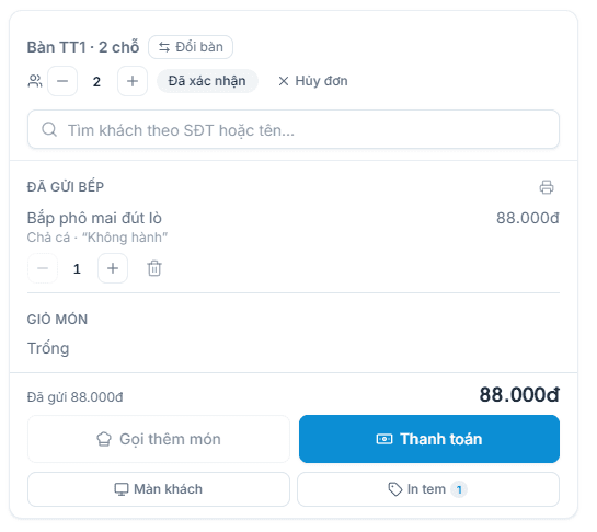 Màn hình khai món với size, topping và combo